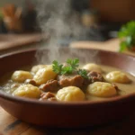 A warm, inviting kitchen scene featuring a steaming bowl of chipped beef flour dumplings with potatoes. The dish is served in a rustic ceramic bowl, garnished with fresh parsley, and placed on a wooden table with soft kitchen lighting in the background.
