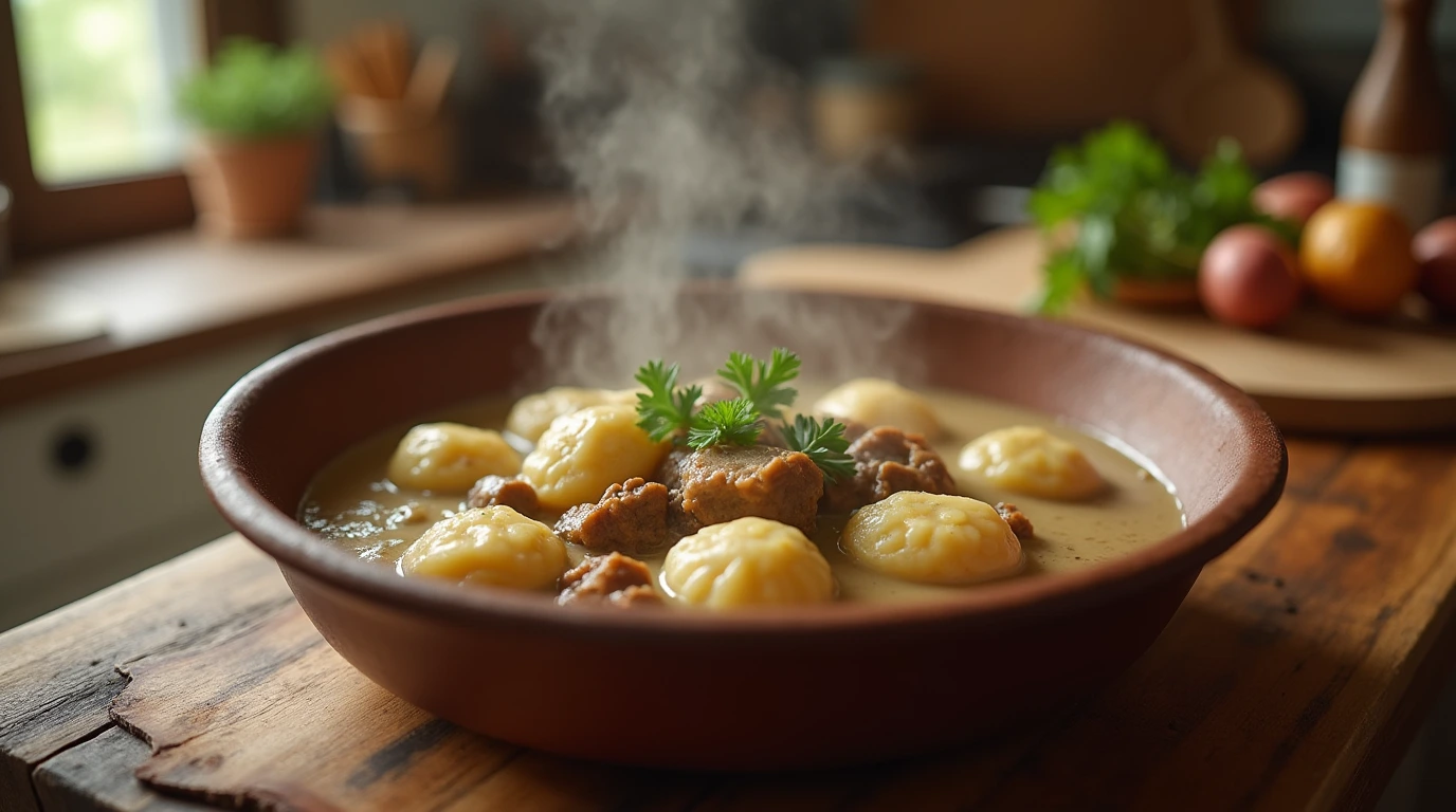 A warm, inviting kitchen scene featuring a steaming bowl of chipped beef flour dumplings with potatoes. The dish is served in a rustic ceramic bowl, garnished with fresh parsley, and placed on a wooden table with soft kitchen lighting in the background.
