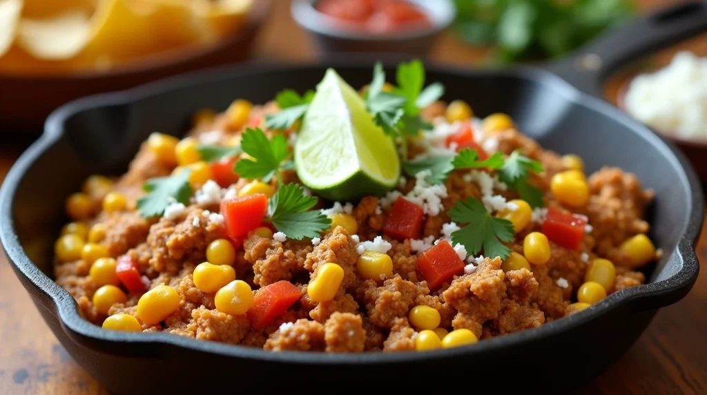 A freshly cooked Ground Chicken Mexican Corn dish served in a rustic cast-iron skillet, garnished with fresh cilantro, crumbled cheese, diced red bell peppers, and a lime wedge.