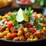 A freshly cooked Ground Chicken Mexican Corn dish served in a rustic cast-iron skillet, garnished with fresh cilantro, crumbled cheese, diced red bell peppers, and a lime wedge.