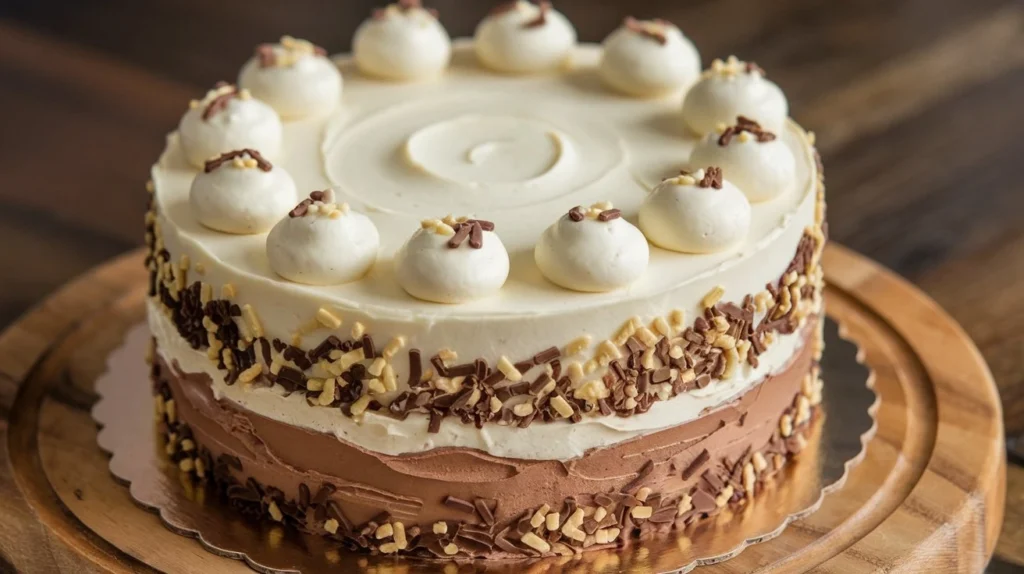 A multi-flavored layered cake with vanilla and chocolate frosting, topped with whipped cream dollops and sprinkled with chocolate and nut toppings.